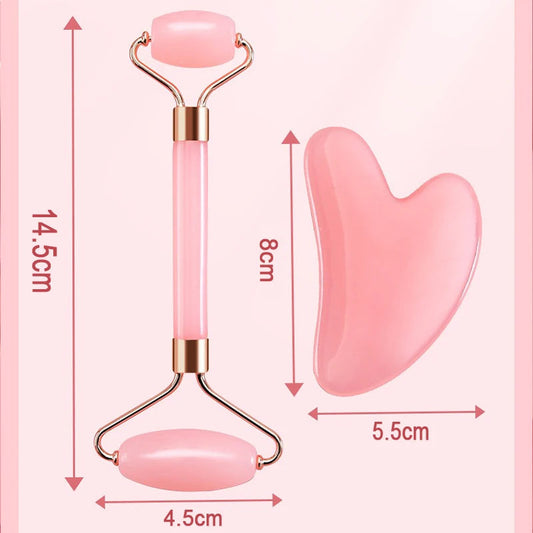 Pink Resin Facial Massage Roller & Gua Sha Skincare Tool Set