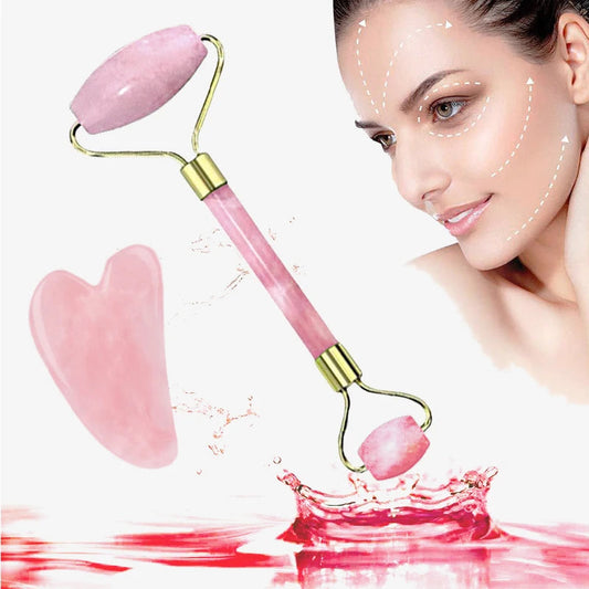 Pink Resin Facial Massage Roller & Gua Sha Skincare Tool Set