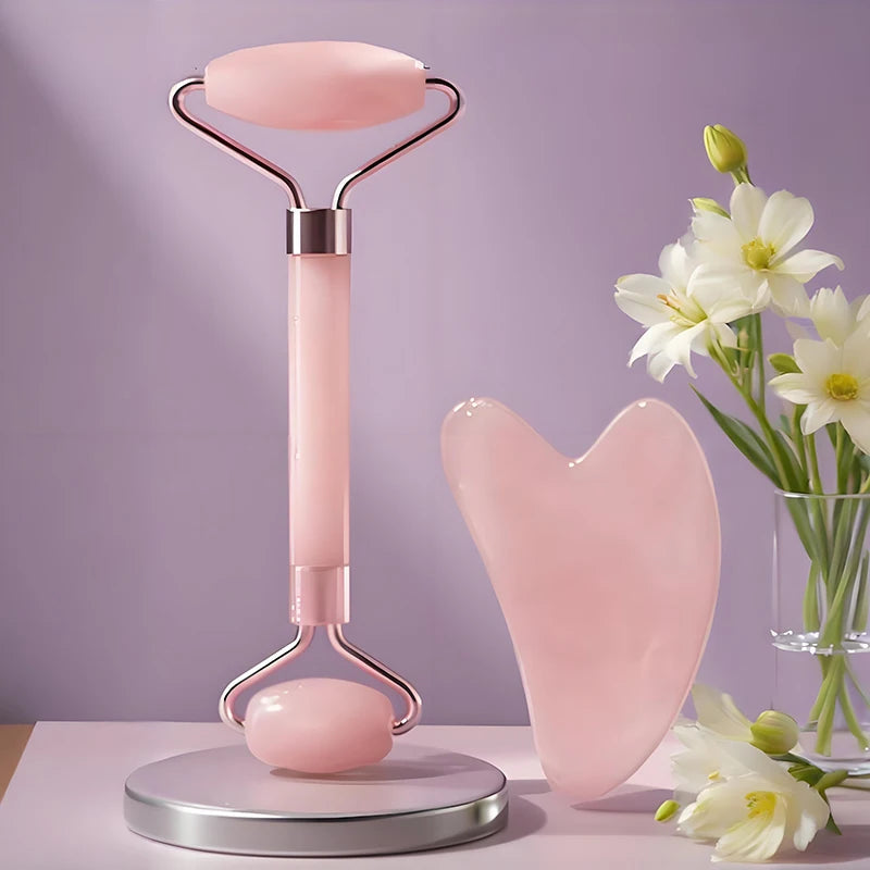 Pink Resin Facial Massage Roller & Gua Sha Skincare Tool Set