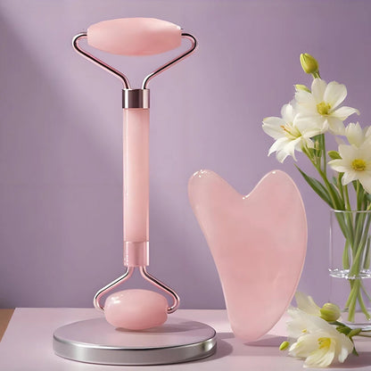 Pink Resin Facial Massage Roller & Gua Sha Skincare Tool Set